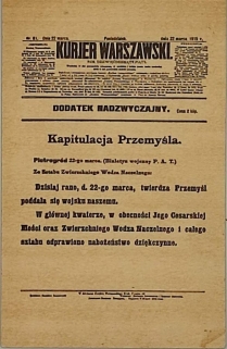[pocztówka, 1915 r.] Kurjer Warszawski. Kapitulacja Przemyśla, Piotrogród  22-go marca...