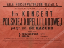 [afisz, 1925] I-szy Koncert Polskiej Kapelli Ludowej pod dyr. prof. St. Kazuro, sala Konserwatorjum Okólnik 1.