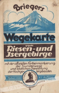 [mapa, ok. 1930] Briegers Wegekarte vom Riesen- und Isergebirge mit der offiziellen Farbenmarkierung der Touristenwege und bildlichen Darstellung der Hochgebirgsbauden 