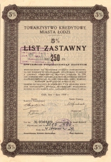 [obligacja] Towarzystwo Kredytowe Miasta Łodzi. 5% list zastawny na 250 zł.