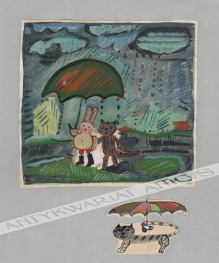 [rysunek, lata 1980] [króliczek i kotek pod parasolem]