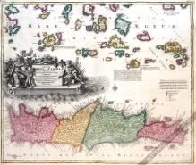 [mapa, Kreta i Morze Egejskie, ok. 1710] Insula Creta hodie Candia in fua IV.Territoria divisa cum adjacentibus Aegei M aris Insulis ac praesertium nupperrime ex abysso pelagi emergente Nova Santorini Insula
