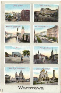 [pocztówka, ok. 1915]  Warszawa [Nowy Zjazd, Plac teatralny, Kolumna Zygmunta...]