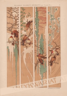 [rycina, 1900] Quatre panneaux en hauteur, ornes d`oiseaux et de tleurs  [zdobnictwo secesyjne]