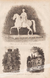 [rycina, ok. 1838] Statue equestre du Prince Joseph Poniatowski, Temple de la Sibylle et la Maison gothique a Pulawy. [Pomnik konny Ks. Józefa Poniatowskiego, Świątynia Sybilli przy gotyckiej willi w Puławach].