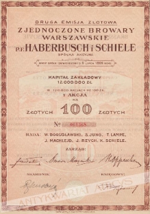 [akcja] Zjednoczone Browary Warszawskie p.f. Haberbusch i Schiele Spółka Akcyjna. 1 akcja na 100 zł.