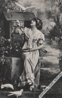 [pocztówka, ok. 1910] [portret kobiety karmiącej gołębie]