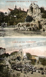 [pocztówka, ok. 1910] [Góra Św. Anny, Opolszczyzna] Grus aus St. Annaberg. Lourdesgrotte mit Kirche. Andacht suf dem Grottenplatze