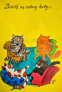 [rysunek, 1977] Zeszły się cztery koty... [wiersz L.J. Kern]