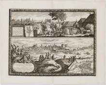 [rycina, Pułtusk, Bydgoszcz, 1657] Situs Oppidi et Arcis Poltowsko. Situs Oppidi Brombergae  [widok Pułtuska i Bydgoszczy]