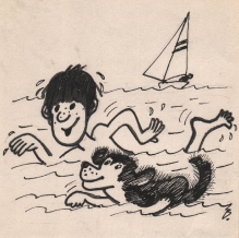 [rysunek, ok. 1985] - Żeby mu nie było przykro pływam tylko "pieskiem"