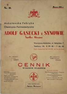 Mokotowska Fabryka Chemiczno-Farmaceutyczna Adolf Gąsecki i Synowie. Cennik wyrobów własnych /druk reklamowy/Warszawa, Marzec 1936