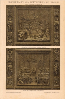 [rycina, 1893] Bronzereliefs vom Babtisterium zu Florenz von Lorenzo Ghiberti [kwatery z tzw. Drzwi Raju (Porta del Paradiso), Lorenzo Ghibertiego z Baptysterium San Giovanni we Florencji]