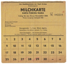 [karta żywnościowa, 1944] Milchkarte. Karta poboru mleka ... na miesiąc Listopad 1944