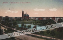 [pocztówka, 1916] Breslau. Michaeliskirche mit Waschteichpark. [Wrocław. Park S. Tołpy, dawnej Nowowiejski]