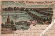 [pocztówka, ok. 1903] Gruss aus Etablissement "Carlshof" am Spandauer Schiffahrts-Kanal. Glas-Palast. Heidelberger Fass. [Berlin]