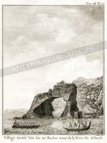 [rycina, ok. 1790] Village fortifie bati sur un Rocher troue de la Nouvelle Zelande.