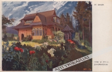 [pocztówka, ok. 1920] Dom w stylu zakopiańskim. [malował] St. Gałek.Villa dans le style de Zakopane.Wohnhaus im Zakopanerstil.