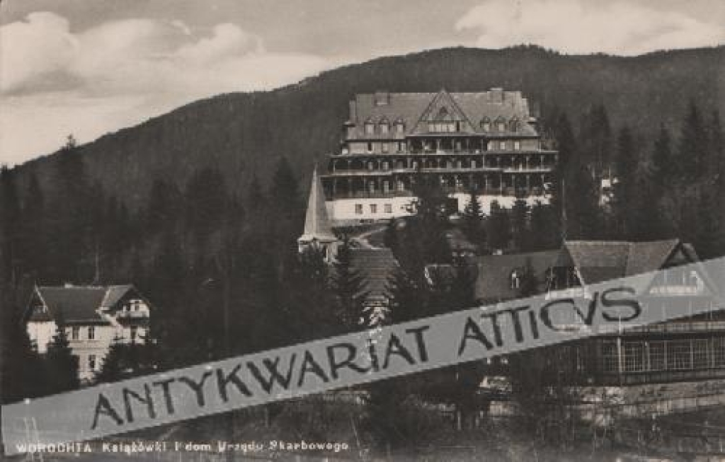 [fotografia na papierze pocztówkowym, ok. 1930] Worochta. Książówki i dom Urzędu Skarbowego