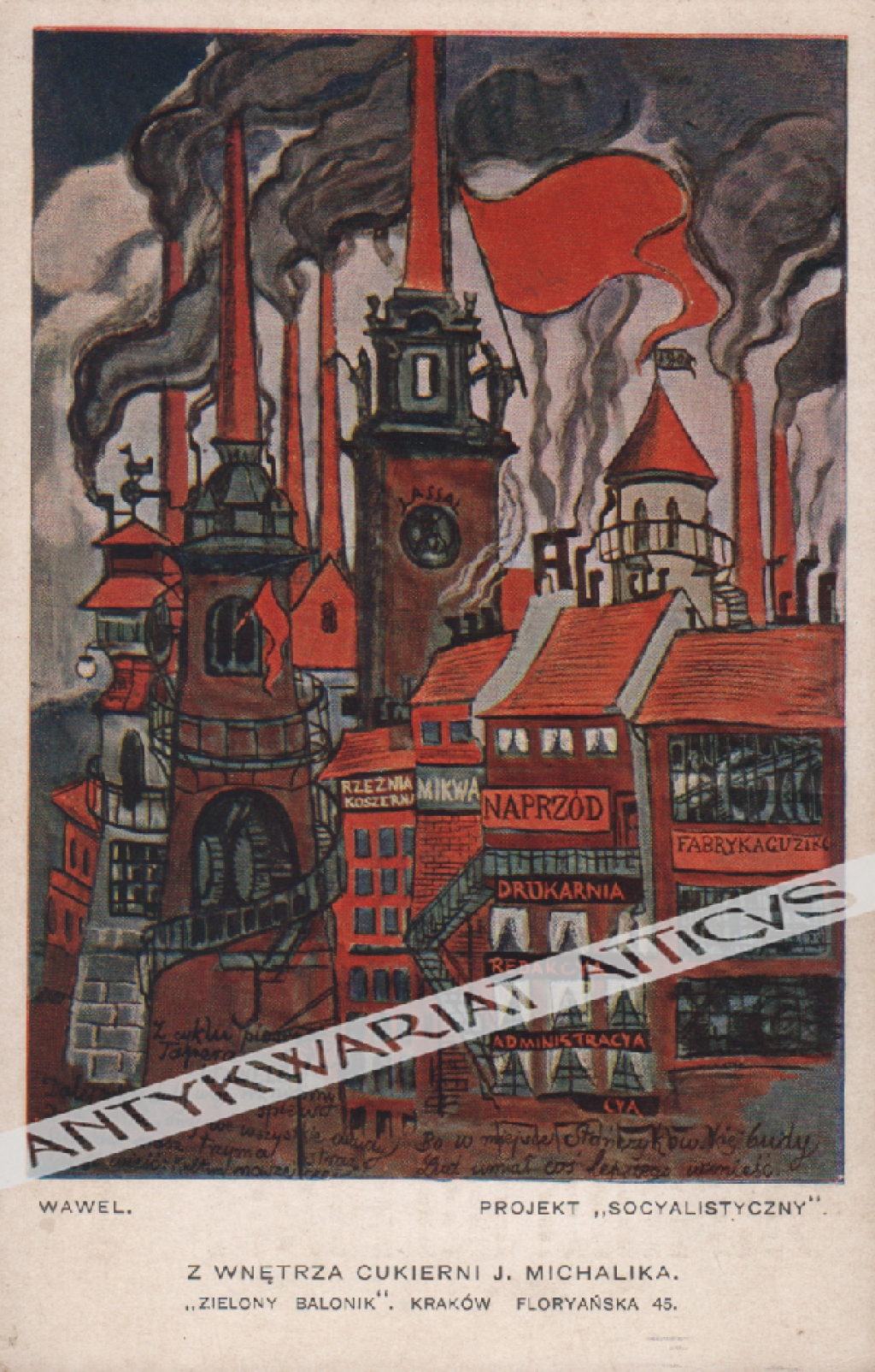 [pocztówka, lata 1930-te] Z wnętrza Cukierni J. Michalika. "Zielony Balonik". Kraków Floryańska 45 Wawel. Projekt "socyalistyczny"