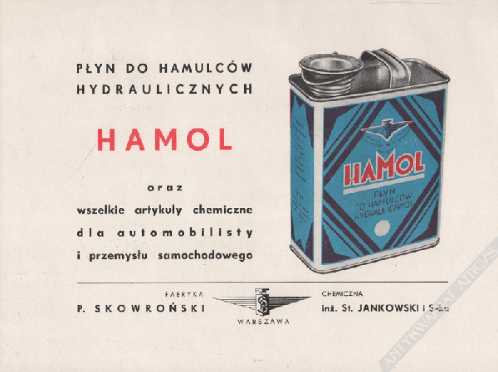 [reklama, 1936] Płyn do hamulców hydraulicznych HAMOL oraz wszelkie artykuły chemiczne dla automobilisty i przemysłu samochodowego