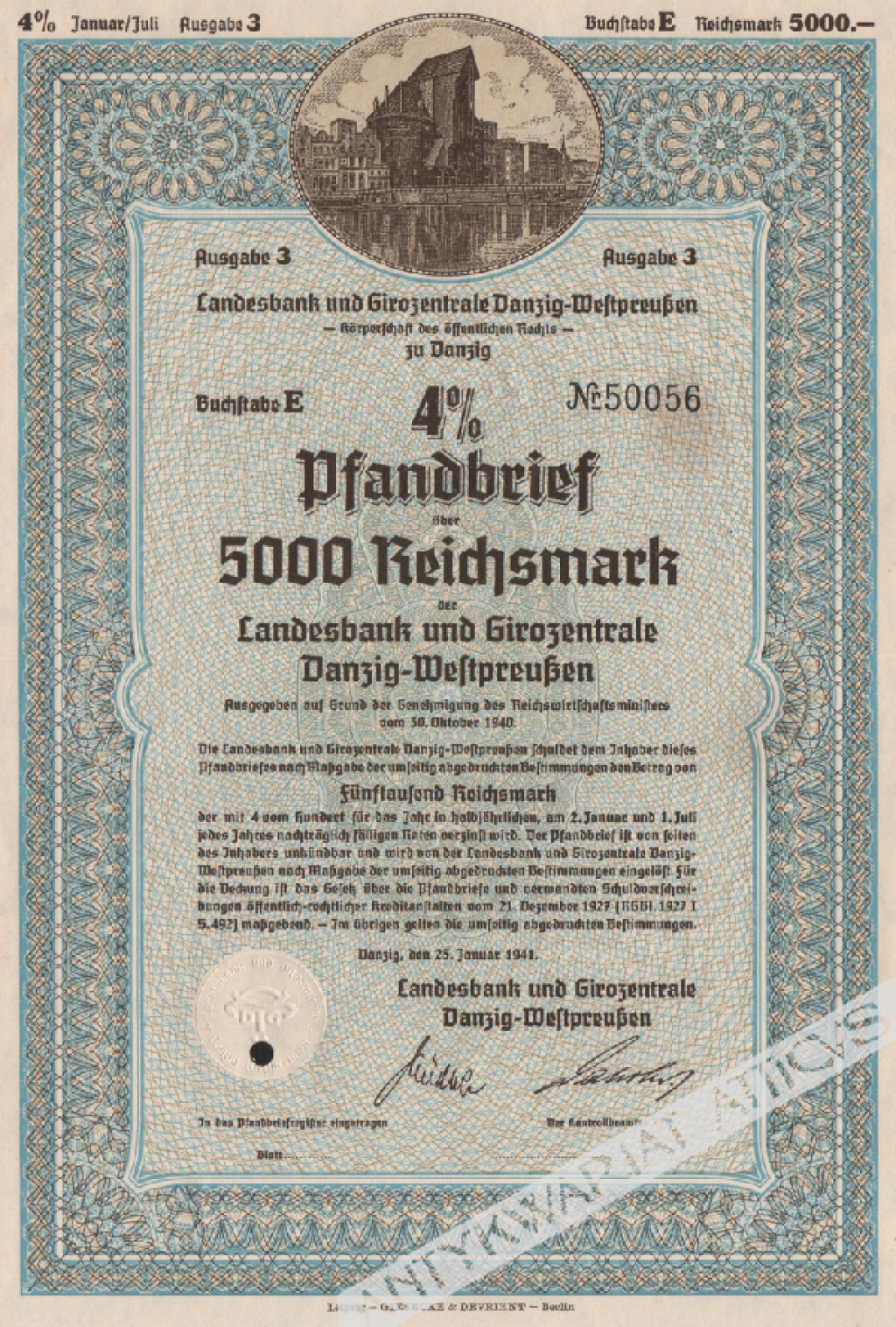 [list zastawny] 4% Pfandbrief uber 5000 Reichsmark der Landesbank und Girozentrale Danzig-Westpreussen
