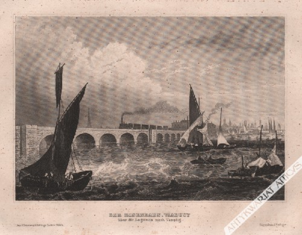 [rycina, 1860] Der Eisenbahn-Viaduct uber die Lagunen nach Venedig [Most kolejowy w Wenecji]