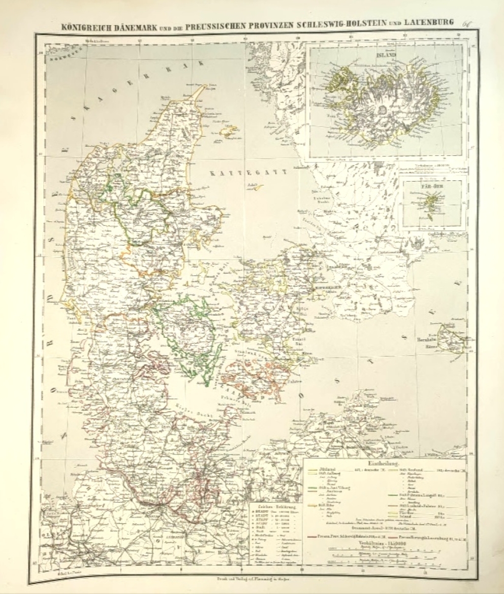 [mapa, 1879] Konigreich Danemark und die Preussischen Provinzen Schleswig-Holstein und Lauenburg [Królestwo Danii oraz  Szlezwik-Holsztyn, Islandia]