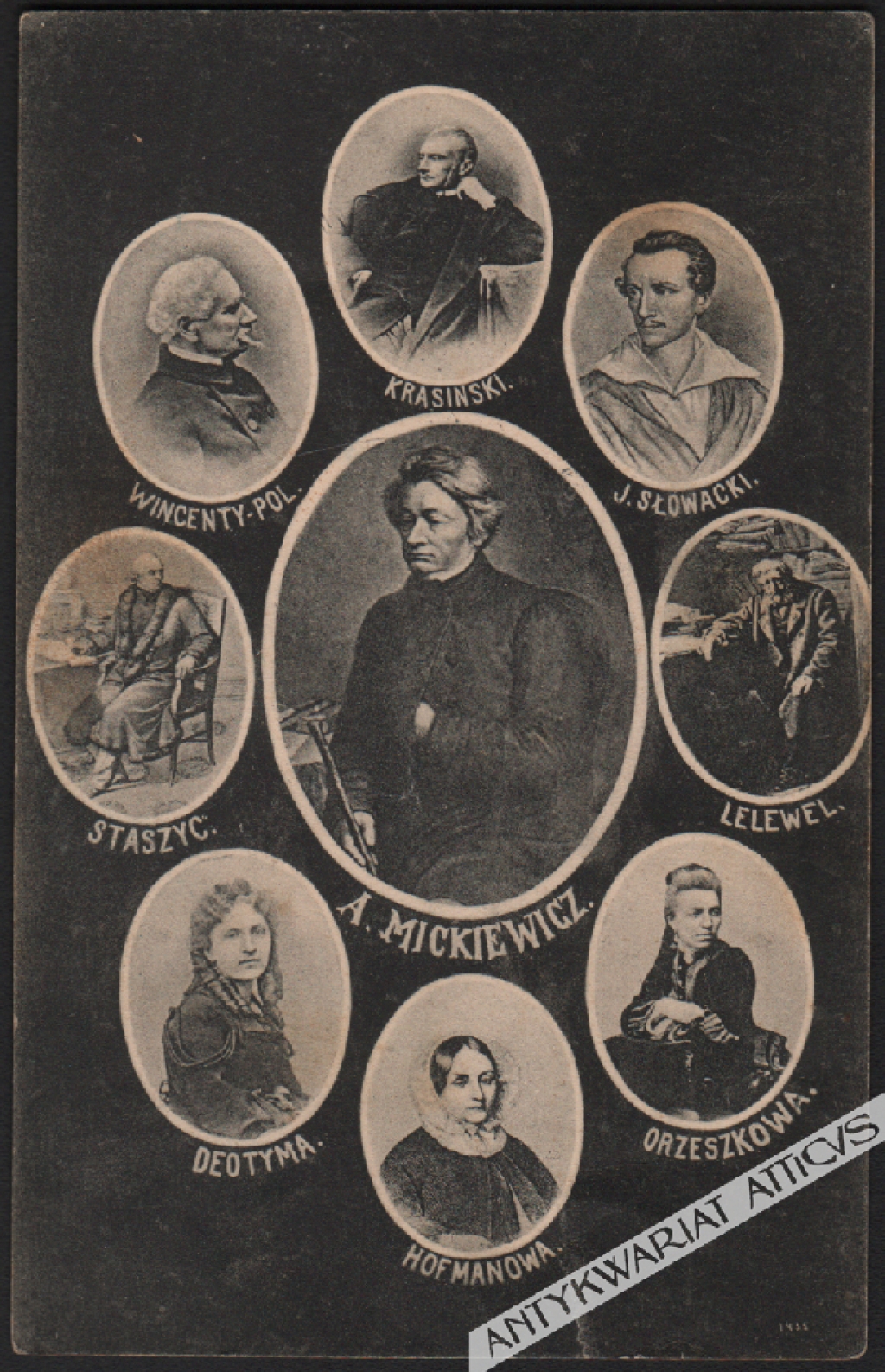 [pocztówka, 1906] Pisarze polscy: A. Mickiewicz, J. Słowacki, Krasiński, Lelewel, Wincenty Pol, Staszic, Orzeszkowa, Deotyma, Hoffmanowa