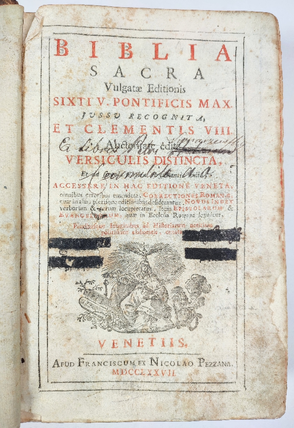 Biblia Sacra Vulgatae Editionis Sixti V. Pontificis Max. Iussu recognita, et Clementis VIII Auctoritate edita, versiculis distincta et ad singula capita argumentis aucta, accessere in hac editione veneta, aomnibus erroribus emendata, correctiones romanae,