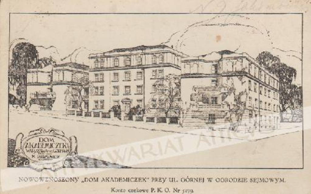[pocztówka, lata 1920-te] Warszawa. Nowowznoszony "Dom Akademiczek" przy ul. Górnej w ogrodzie sejmowym