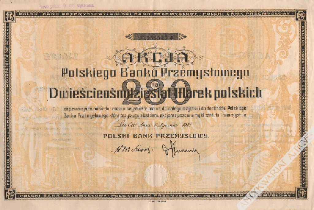 [akcja, 1921] Akcja Polskiego Banku Przemysłowego na 280 marek polskich