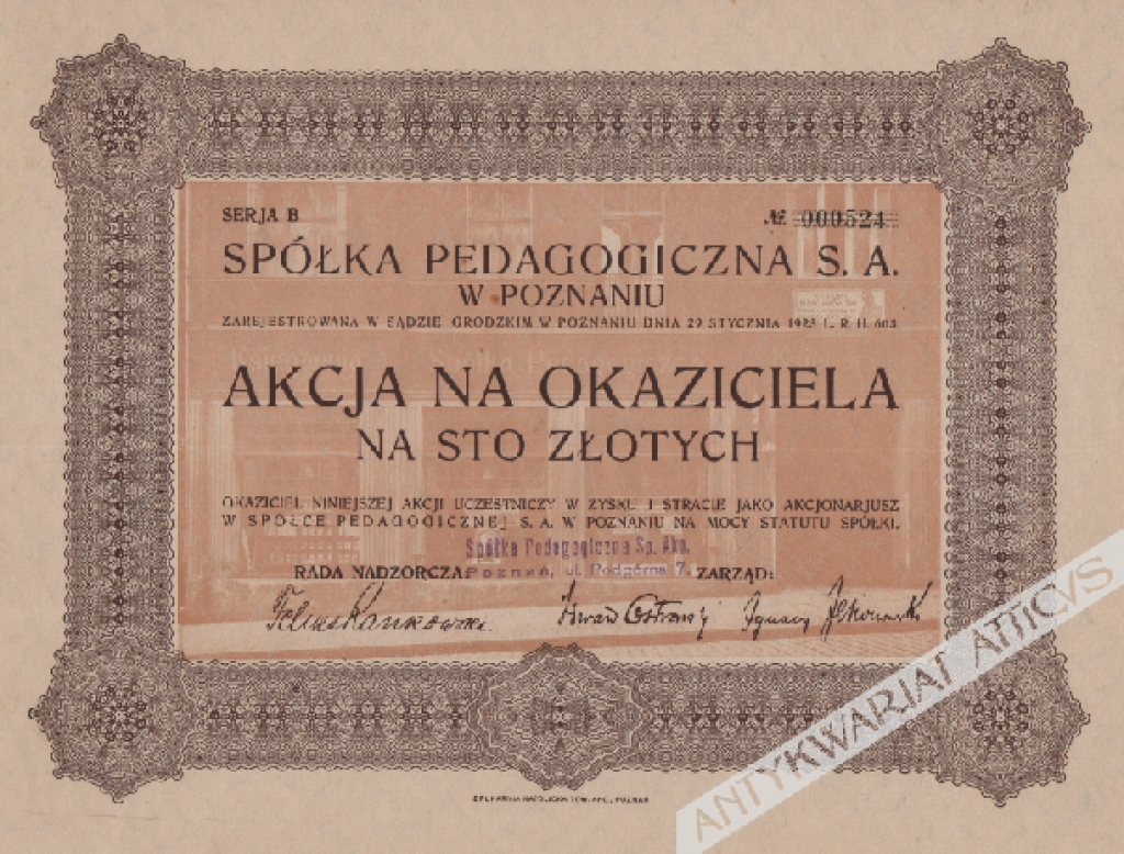 [akcja, 1923] Spółka Pedagogiczna S.A. w Poznaniu. Akcja na okaziciela na sto złotych