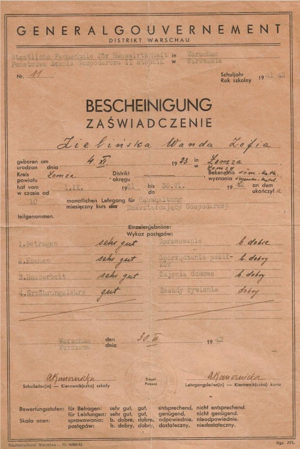 [dokument, Łomża, 1942] Bescheinigung [zaświadczenie ukończenia kursu dokształcającego gospodarczego dla Wandy Zofii Zielińskiej]