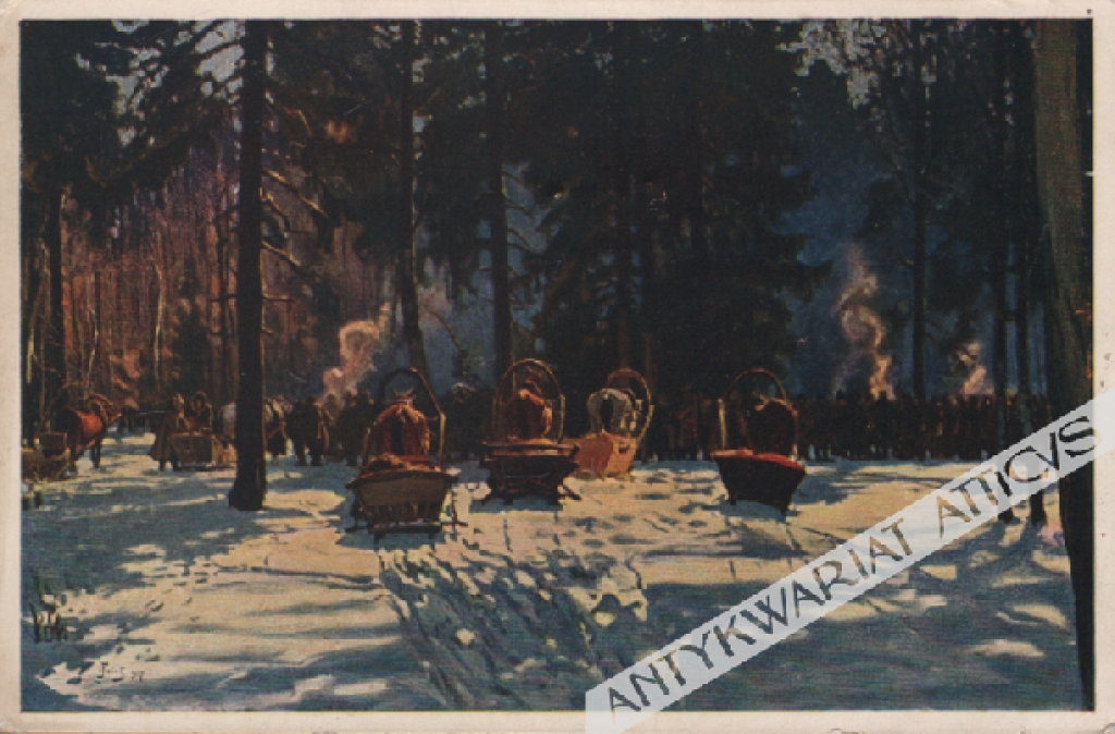 [pocztówka, lata 1930-te] Julian Fałat: Nagonka przed polowaniem