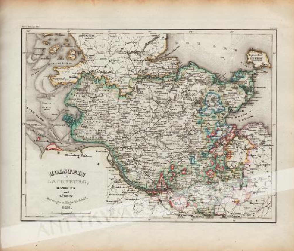 [mapa, księstwo Holsztyn, 1851] Holstein mit Lauenburg, Hamburg und Lubeck