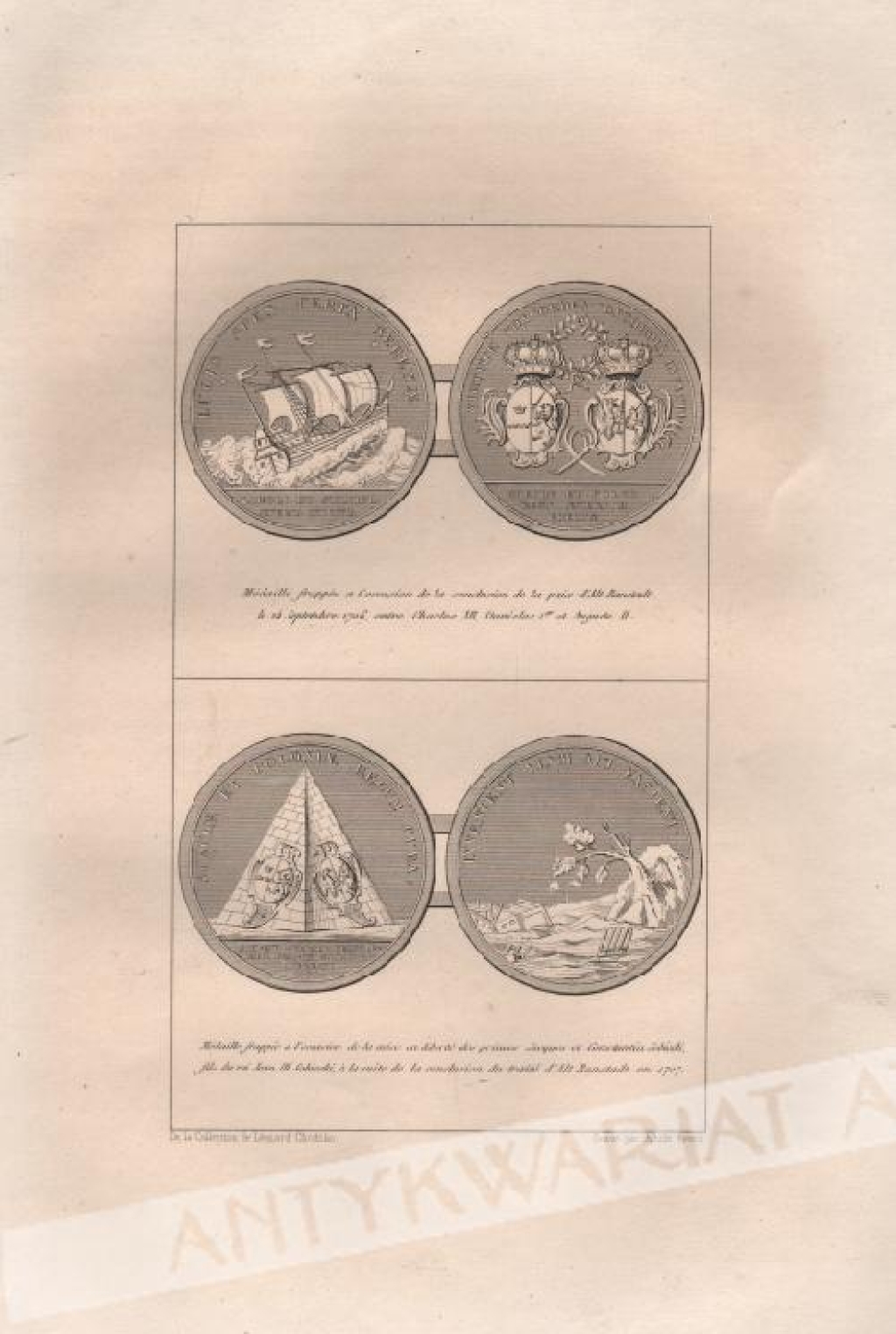 [rycina, ok. 1835] Medaille frappee a l'occasion de la conclusion de la paix d'Alt Ranstadt le 24 Septembre 1706, entre Charles XII, Stanislas 1er et August II