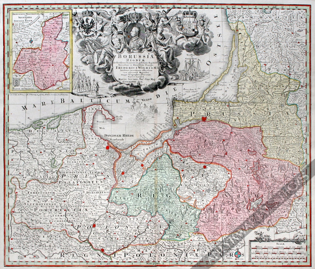 [mapa, Prusy, ok. 1750] BORUSSIAE REGNUM SUB FORTISSIMO TUTAMINE ET JUSTISSIMO REGIMINE SERENISSIMI AC POTENTISSIMI...