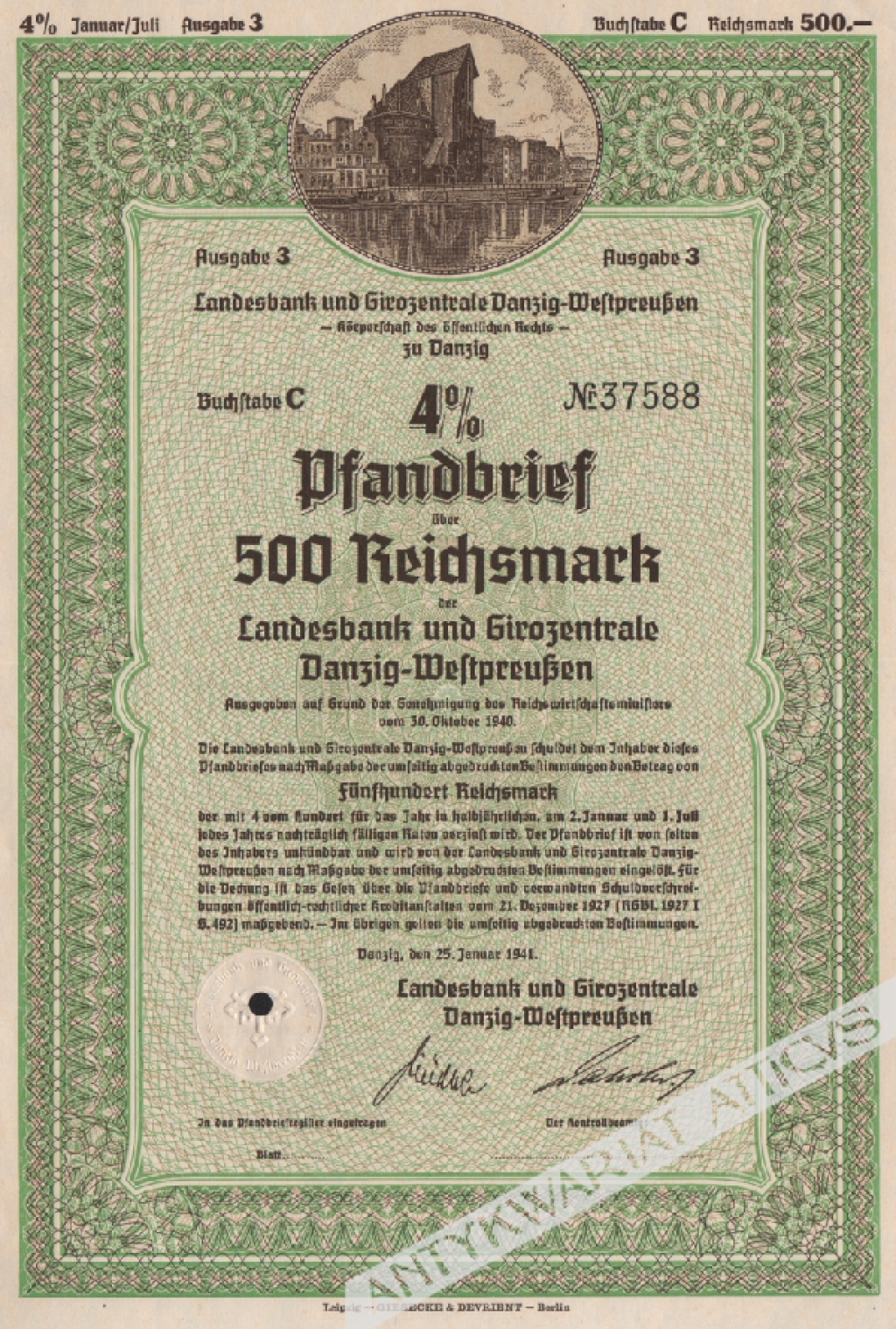 [list zastawny] 4 1/2% Pfandbrief uber 500 Reichsmark der Landesbank und Girozentrale Danzig-Westpreussen