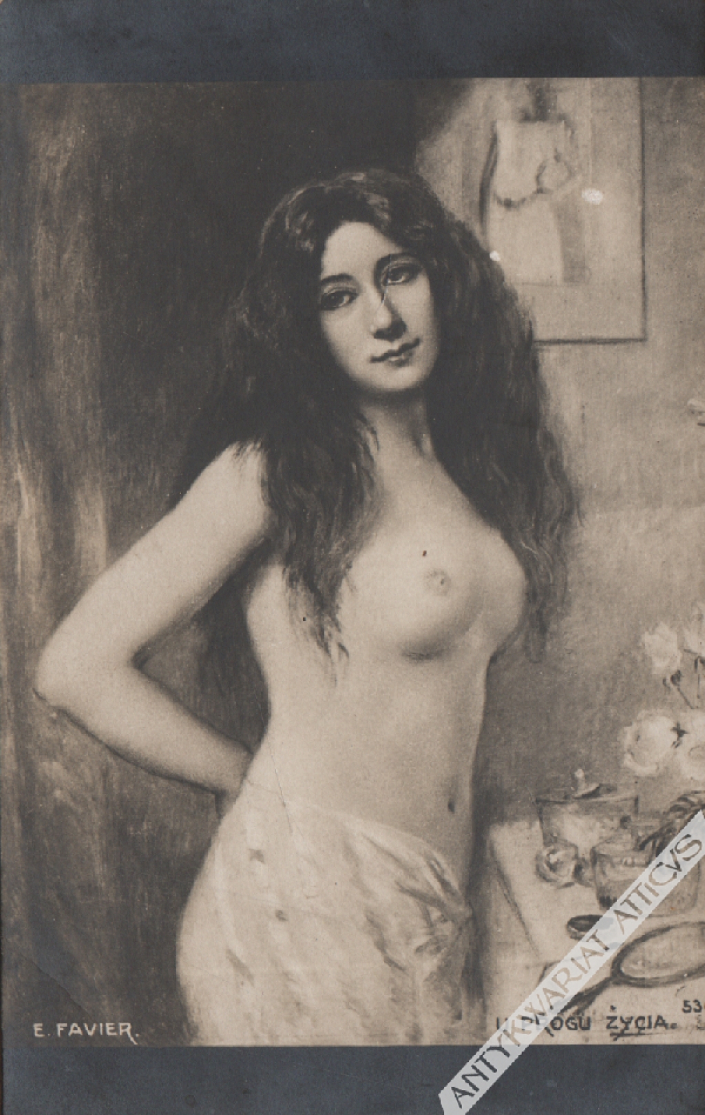 [pocztówka, ok. 1910] E. Favier. U progu życia [akt kobiecy]