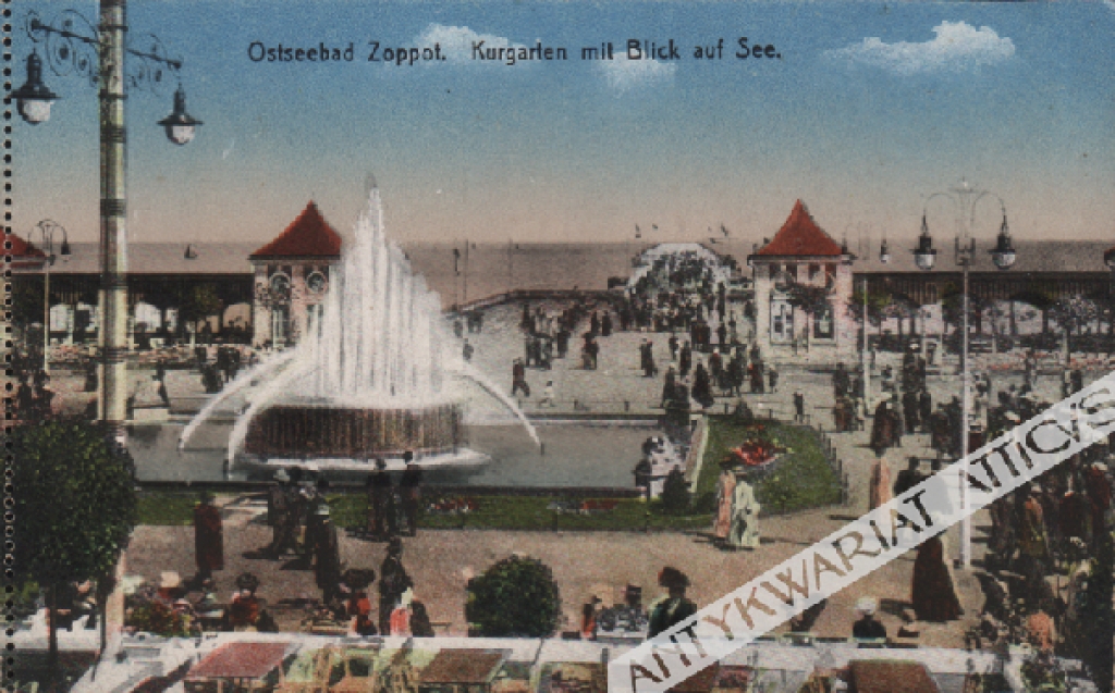 [pocztówka, ok. 1910] Ostseebad Zoppot. Kurgarten mit Blick auf See. [Sopot]
