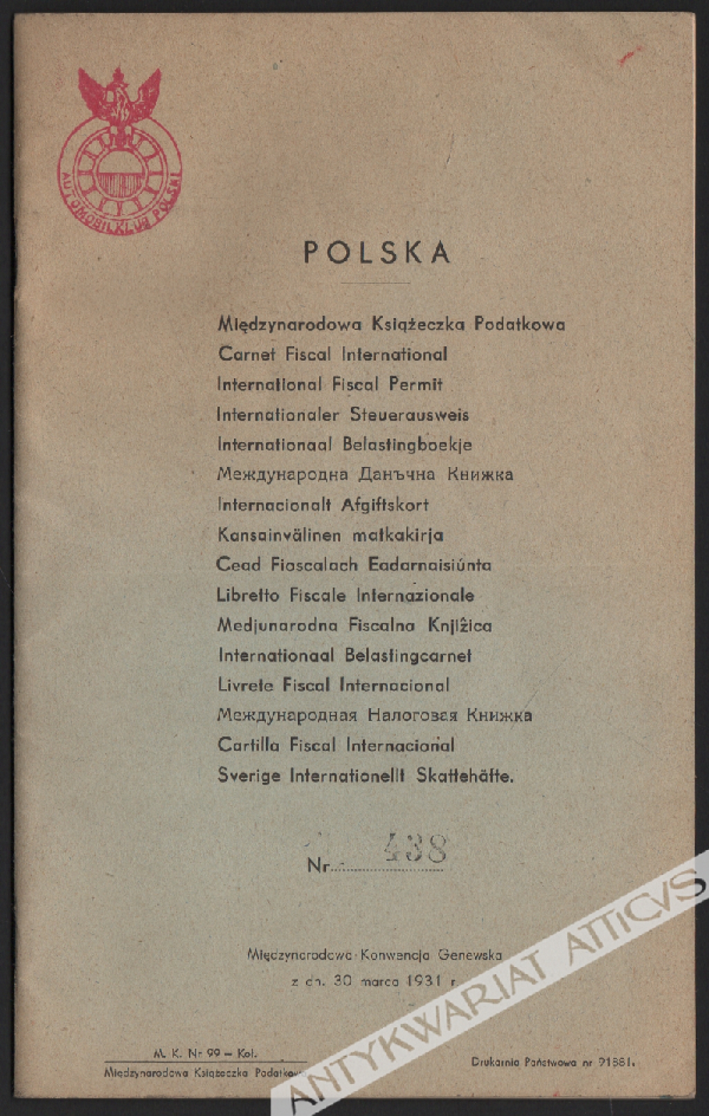 Polska. Międzynarodowa Książeczka Podatkowa