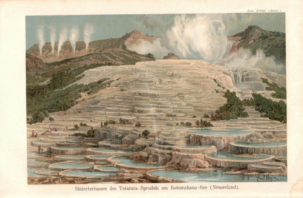 [rycina, 1897] Sinterterrassen des Tetarata-Sprudels am Rotomahana-See (Neuseeland) [gejzery, Nowa Zelandia]