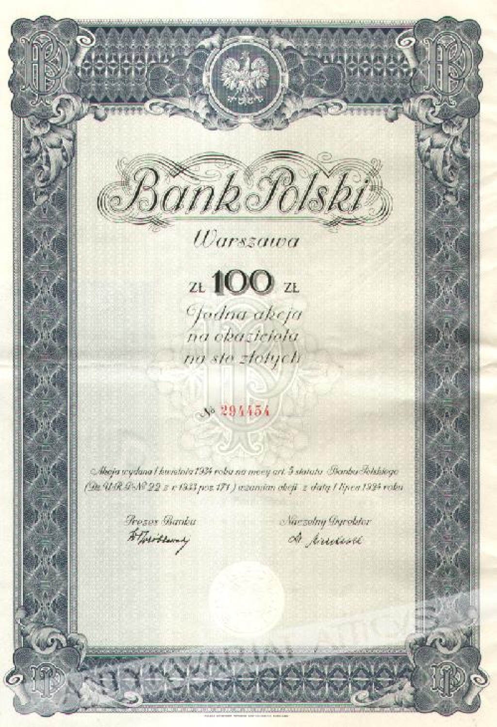 [akcja, 1934] Bank Polski. Jedna akcja na 100 zł.