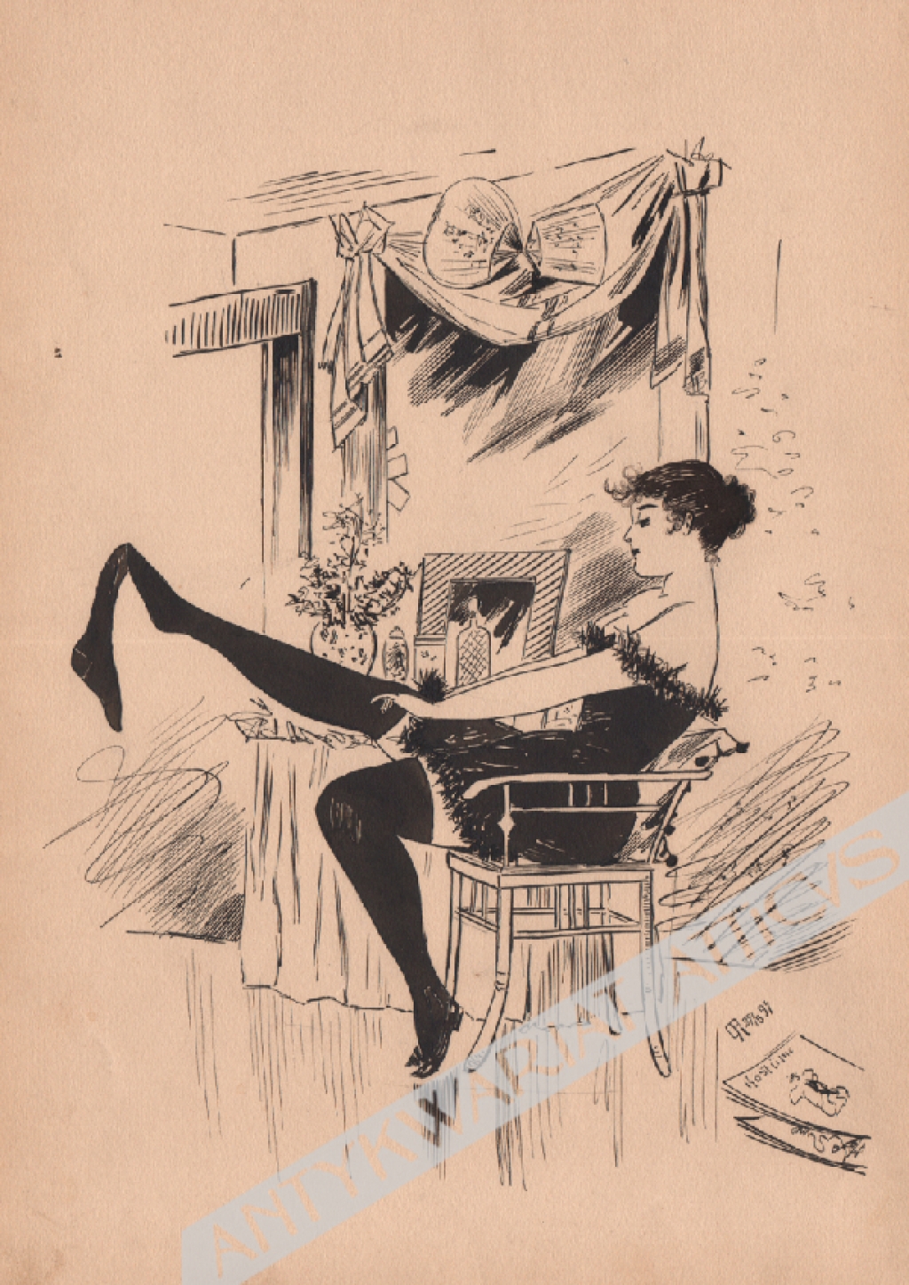 [rysunek piórkiem, 1893] [pończochy nakładająca kobieta w buduarze]