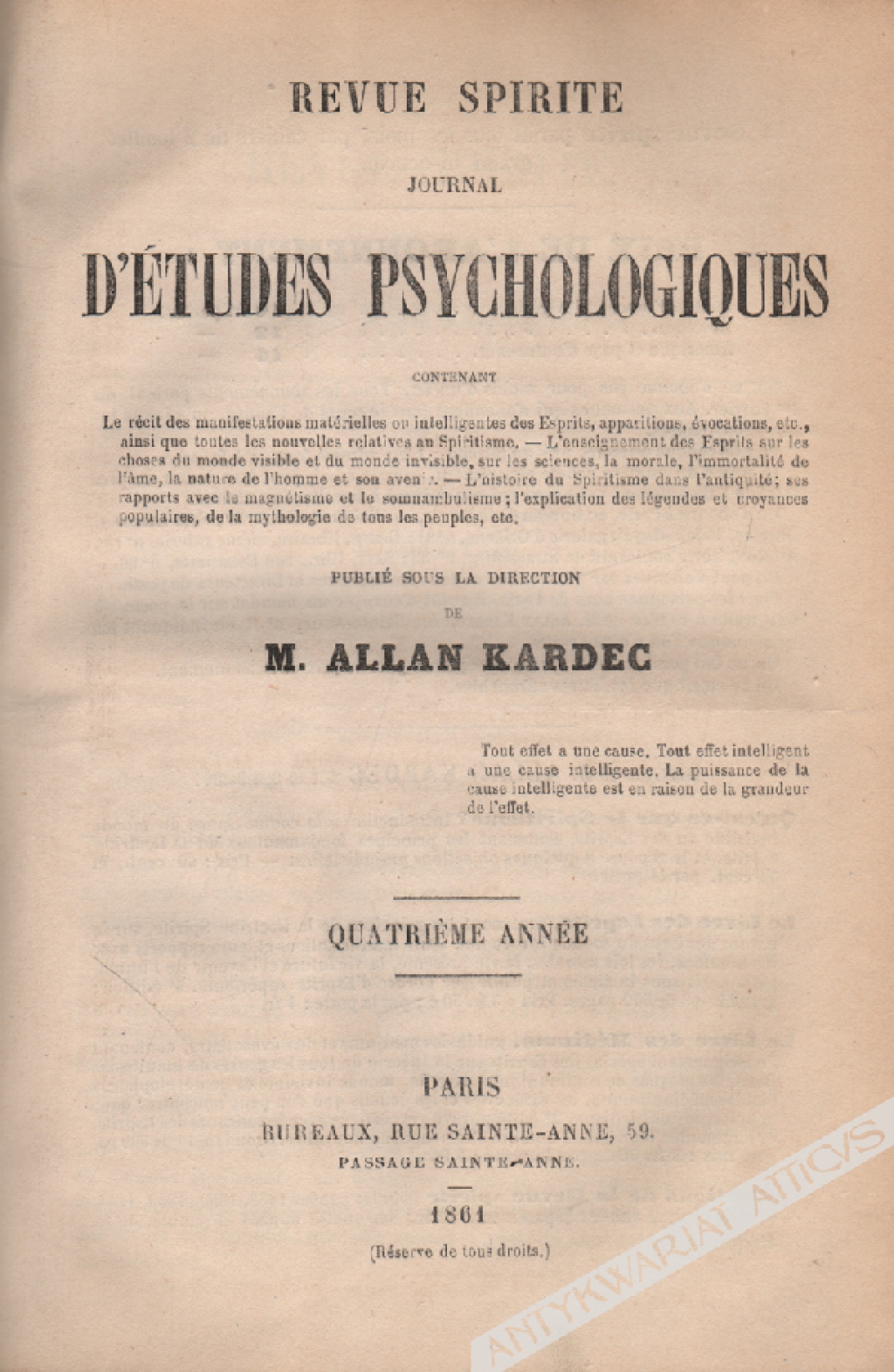 Revue spirite journal d'etudes psychologiques. Quaterieme Annee [1861]