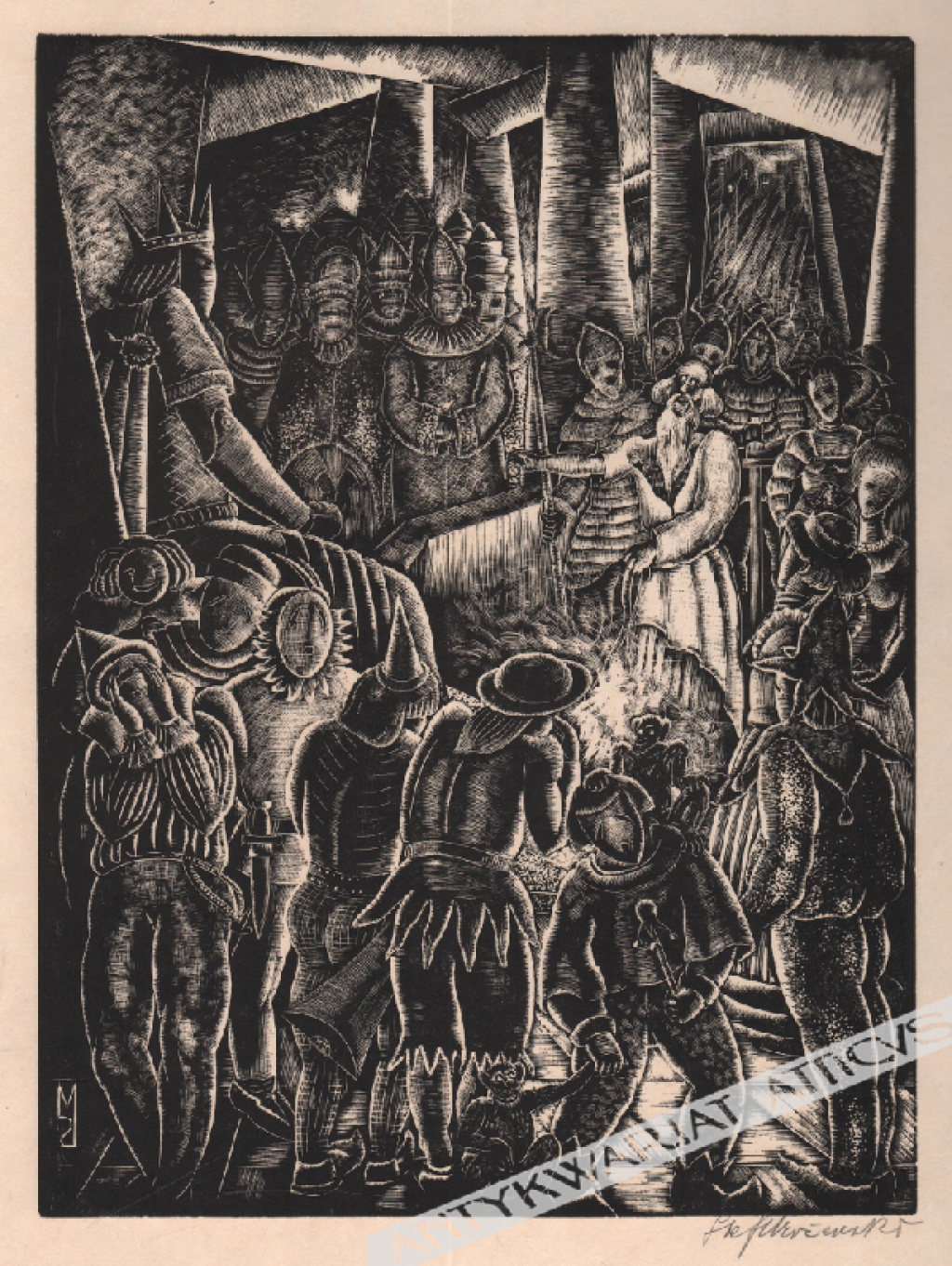 [grafika, 1929] Scena ze starcem i dworzanami (z cyklu "Le Roi au masque d’or")