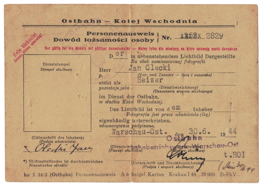[dokument, 1944] Personenausweis. Dowód tożsamości osoby [Legitymacja kolejowa]