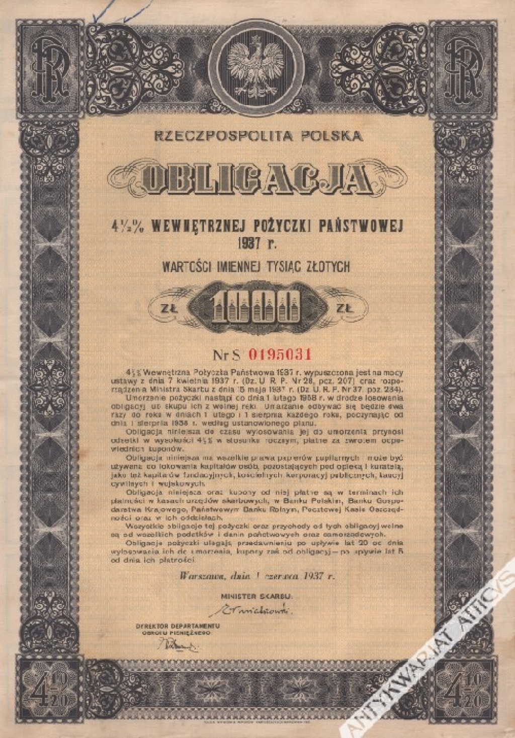 [obligacja, 1937] Rzeczpospolita Polska. Obligacja 4,5 % wewnętrznej pożyczki państwowej 1937 r. wartości imiennej 1000 zł.