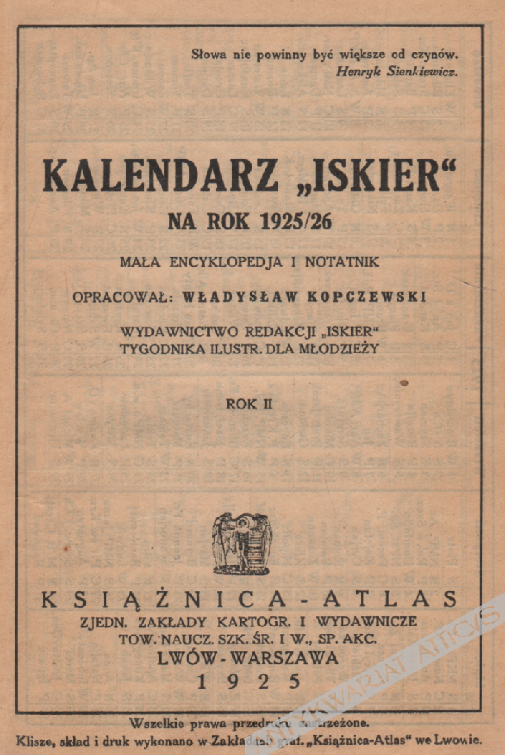 Kalendarz "Iskier" na rok 1925/26 Mała encyklopedja i notatnik. Rok II